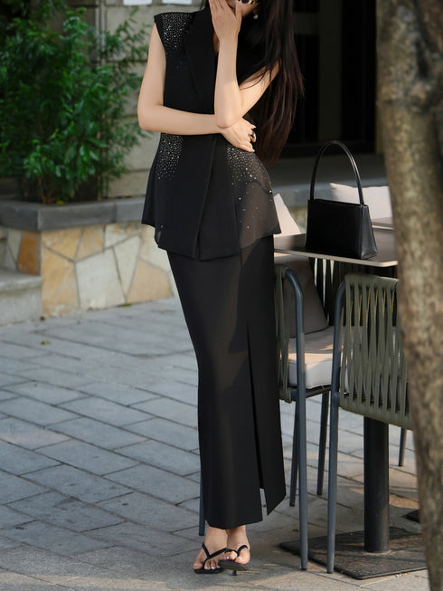 Crystal-Embellished Tailored Vest & Slit Midi Skirt Set – Elegant Waist-Cinched Two‑Piece Suit