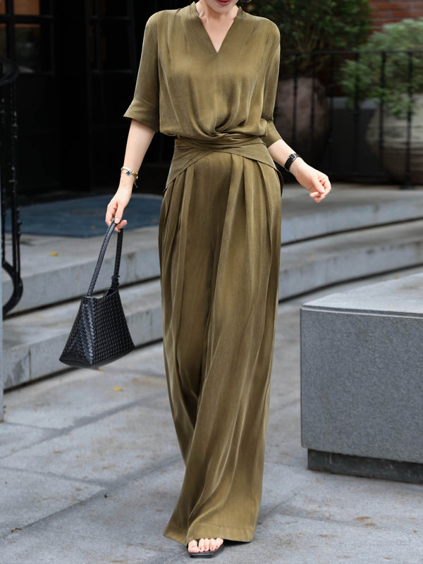 Cupro V‑Neck Draped Top & Wide‑Leg Pants Set – Elegant Cross‑Waist Two‑Piece Ensemble