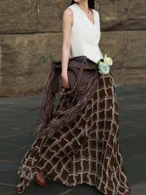 Old-Money Linen Vest & Tencel Plaid Maxi Skirt Set – Effortless Summer Resort Two‑Piece