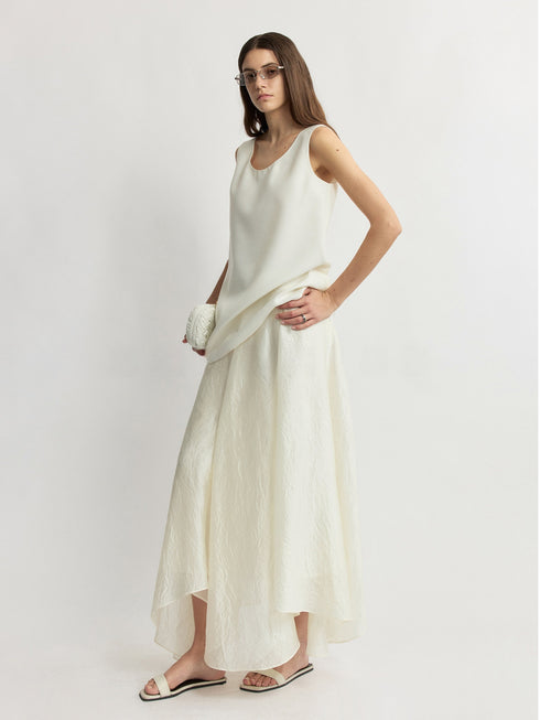 Crinkled Acetate Asymmetric Maxi Skirt – Fluid Draped High-Waist Statement Skirt
