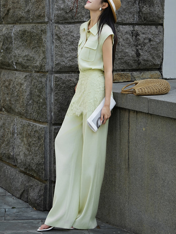 Old Money Relaxed Sleeveless Vest & Lace Overlay High‑Waisted Wide‑Leg Pants Three‑Piece Set