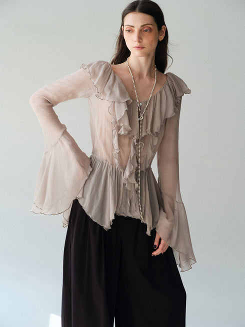 Luxury Cupro-Blend Ruffle V-Neck Blouse – Draped Bell Sleeve Romantic Top