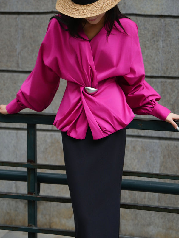 French Batwing Sleeve Cinched-Waist Blouse – Elegant V-Neck Draped Feminine Top