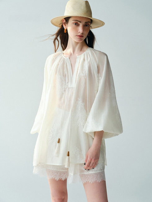 Heavy Embroidered Lyocell V-Neck Blouse – Lantern Sleeve Tassel Top