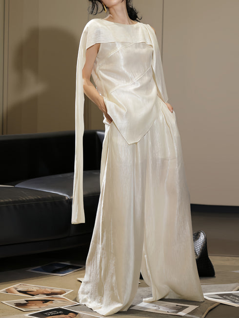 French Elegant Draped Cape Top & Wide-Leg Pants Set – Luxury Minimalist Statement Two-Piece
