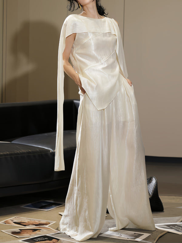 French Elegant Draped Cape Top & Wide-Leg Pants Set – Luxury Minimalist Statement Two-Piece