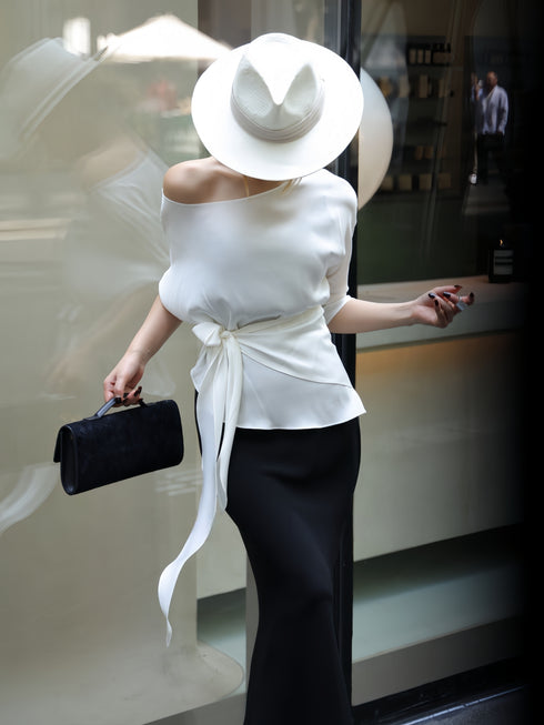 100% Mulberry Silk Asymmetric One-Shoulder Draped Top – Waist-Tie Elegant Long Sleeve Blouse