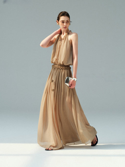 French Ruffle Halter Chiffon Maxi Dress – Pleated Tie-Neck Sleeveless Flowing Dress