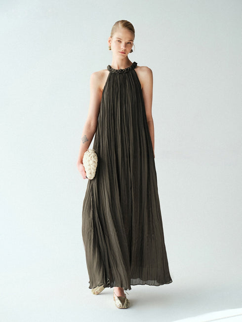 Lustre Island-Silk Pleated Halter Maxi Dress – Hand‑Braided Neckline A‑Line Sleeveless Dress