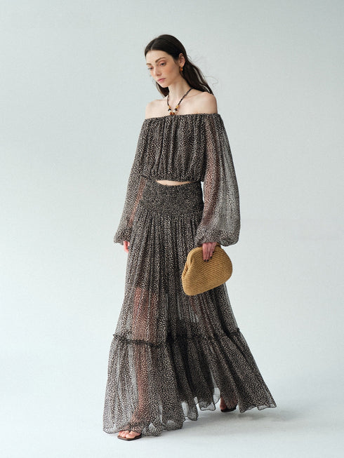 Vintage Off-Shoulder Lantern Sleeve Chiffon Top & Tiered Maxi Skirt Set – Bohemian Vacation Beaded Halter Detail