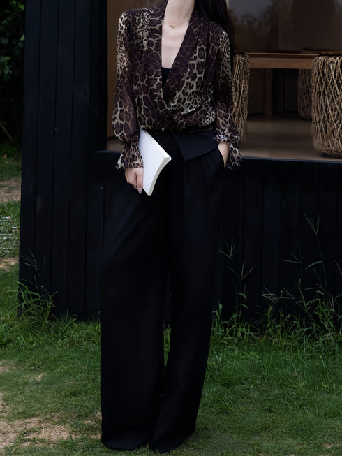 Luxury 100% Mulberry Silk Leopard Print Blouse – Designer V‑Neck Draped Silk Top for Women