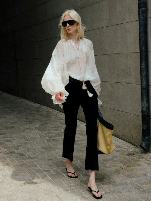 Heavy Embroidered Lyocell V-Neck Blouse – Lantern Sleeve Tassel Top