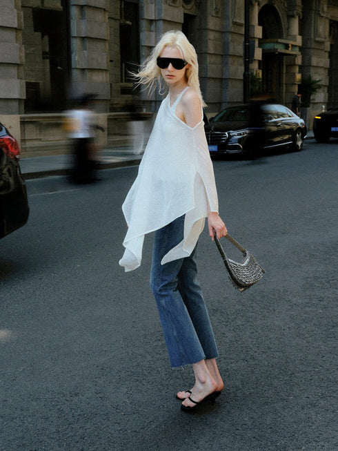 Linen-Blend Sheer Asymmetric Knit Cape – Multi-Way Lightweight Draped Poncho
