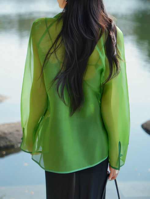 100% Mulberry Silk Sheer Mandarin Collar Sun-Protective Blouse – Lightweight Summer Layer