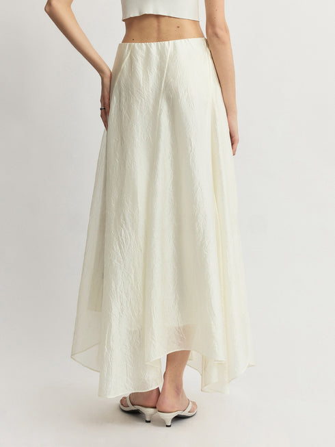 Crinkled Acetate Asymmetric Maxi Skirt – Fluid Draped High-Waist Statement Skirt