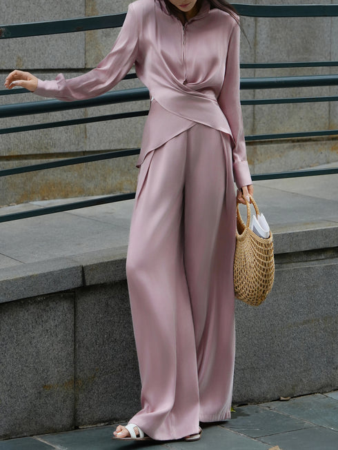 Cupro Draped Wrap-Collar Top & Wide-Leg Pants Set – Effortless Luxury Two‑Piece Ensemble