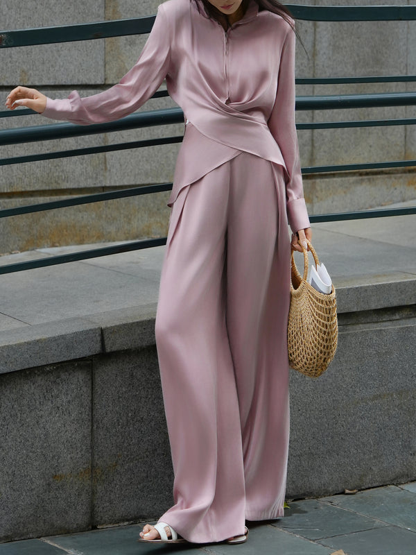 Cupro Draped Wrap-Collar Top & Wide-Leg Pants Set – Effortless Luxury Two‑Piece Ensemble