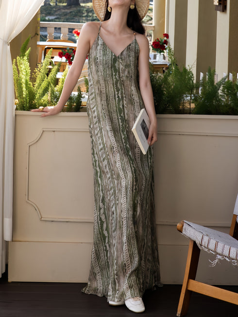 Tencel Linen Printed Slip Maxi Dress – Relaxed Bohemian Contrast-Pattern Spaghetti Strap Dress