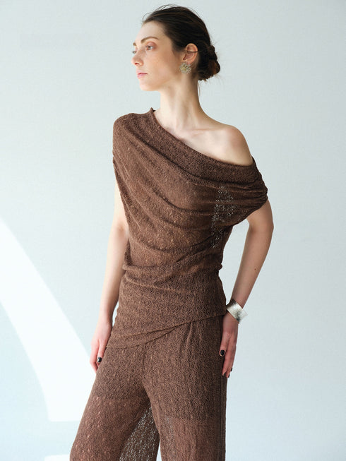 Heavy Lace Sheer Off-Shoulder Draped Top & Straight Micro-Flare Pants Set – Convertible Two-Way Statement Ensemble