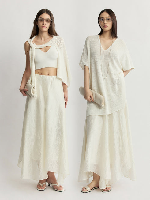 Crinkled Acetate Asymmetric Maxi Skirt – Fluid Draped High-Waist Statement Skirt