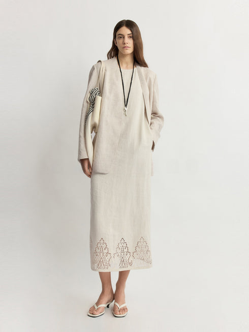 French-Imported Dew-Ramie Cutwork Embroidered Linen Midi Dress