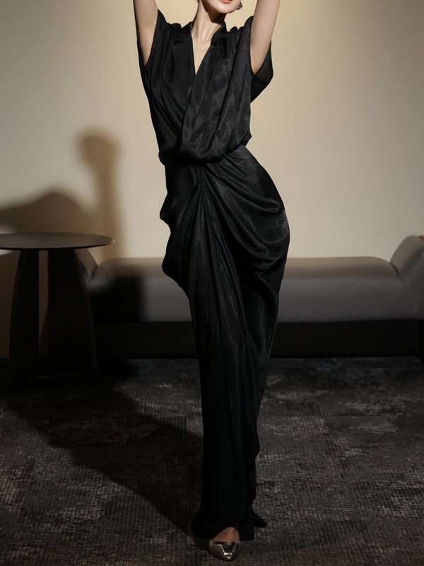 Hepburn-Inspired Black Draped Twist Midi Dress – French Elegant Asymmetric Waist Tie Dress