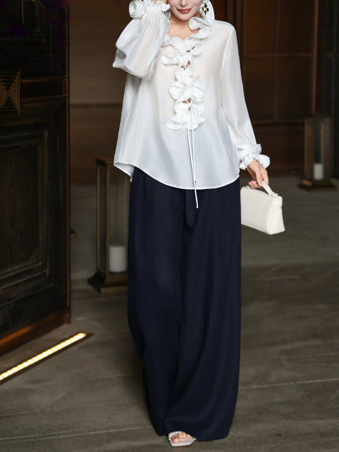 Romantic White V‑Neck Ruffle Tie Blouse – Sculpted Rose Trim Long Sleeve Vintage Shirt