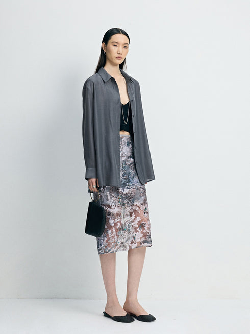 Hand-Beaded Burnout Floral Mesh Layered Midi Skirt - Detachable Double-Layer Sheer Statement Skirt