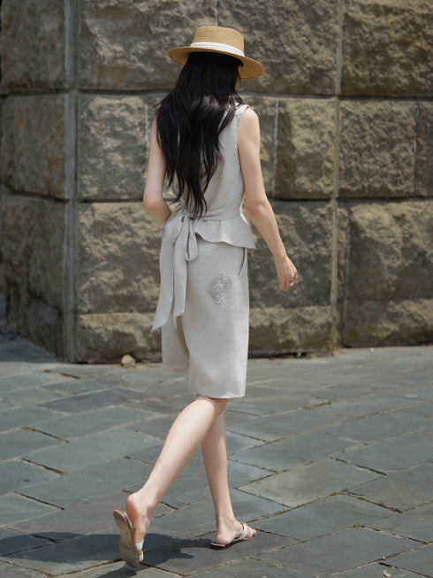 100% Linen V‑Neck Vest & Wide‑Leg Pants Set – Elegant Old‑Money Summer Tailored Suit
