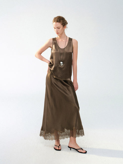 Acetate Satin U-Neck Tank & Lace-Trim Bias-Cut Maxi Skirt Set – Minimalist Luxury Slip Ensemble