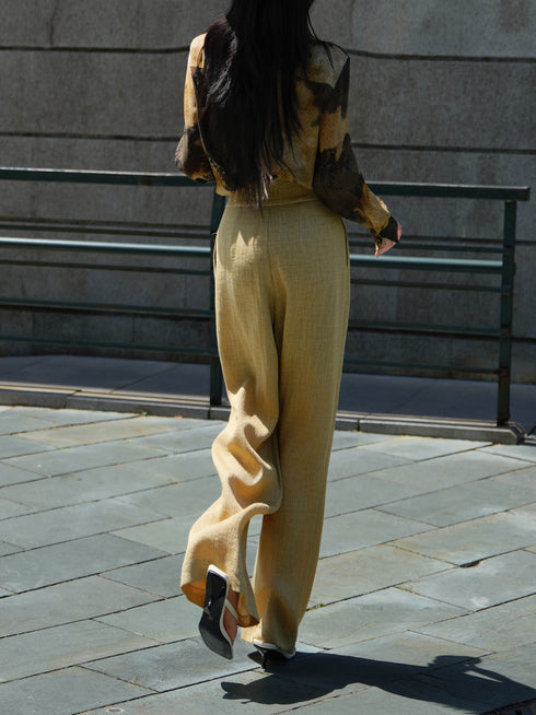 Vintage Printed Silk Blouse with Tie & High-Waist Wide-Leg Trousers Set – Elegant Workwear Ensemble