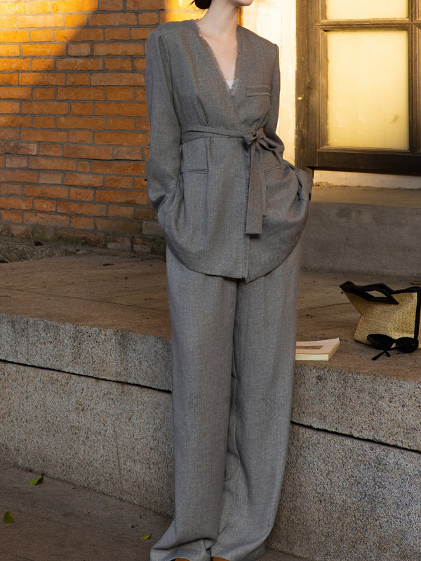 Old Money Style Grey Linen Suit Set – Luxury Minimalist Blazer & Wide-Leg Trousers Two‑Piece