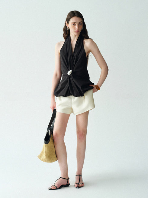 Cotton-Blend Halter Blouse with Sculptural Brooch – Irregular Knotted Waist Bubble-Hem Sleeveless Top