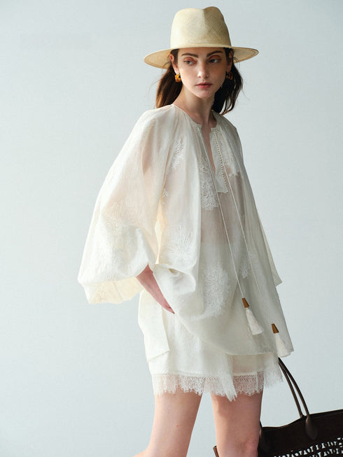 Heavy Embroidered Lyocell V-Neck Blouse – Lantern Sleeve Tassel Top
