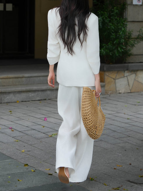 100% Linen Wrap Blazer & Wide-Leg Pants Set – Relaxed Old Money Tailored Suit