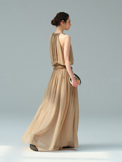 Textured Chiffon Ruffle-Trim Halter Sleeveless Maxi Dress