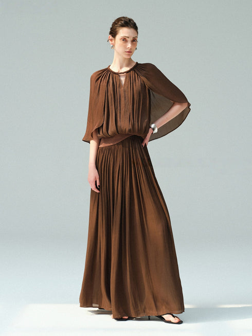 Pearlescent Island Silk Asymmetric Waist Bias-Cut Maxi Skirt – Fluid Pleated A-Line Silhouette