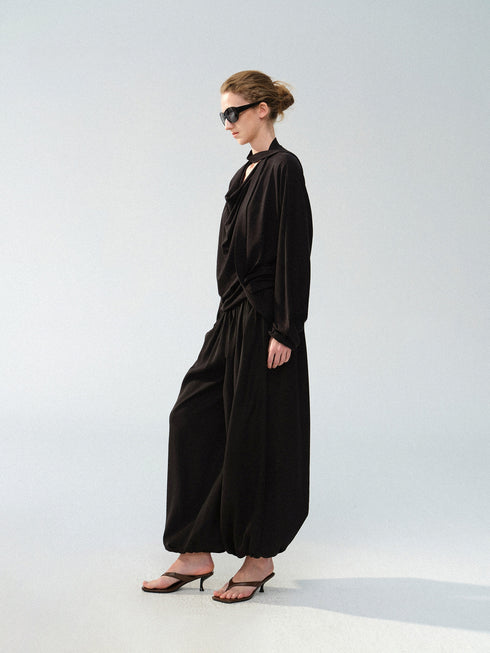 Lyocell Acetate Linen Draped Cowl-Neck Tie Blouse – Relaxed Minimalist Long Sleeve Top