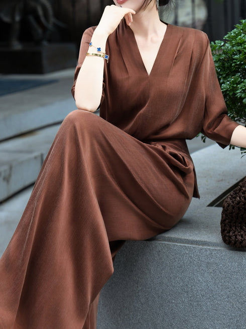 Cupro V‑Neck Draped Top & Wide‑Leg Pants Set – Elegant Cross‑Waist Two‑Piece Ensemble