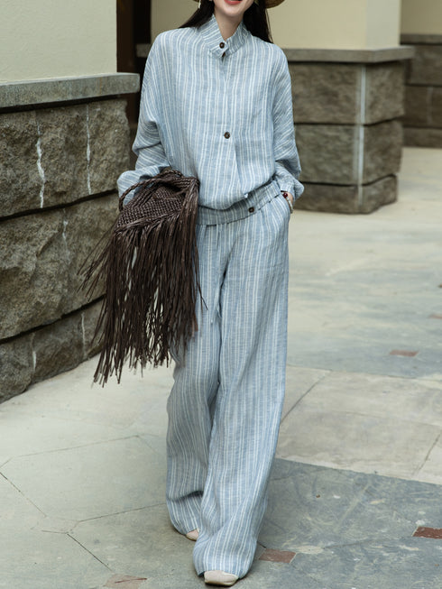 Striped Linen-Cotton Relaxed Shirt & Wide-Leg Pants Set – Minimal Stand Collar Lounge Suit