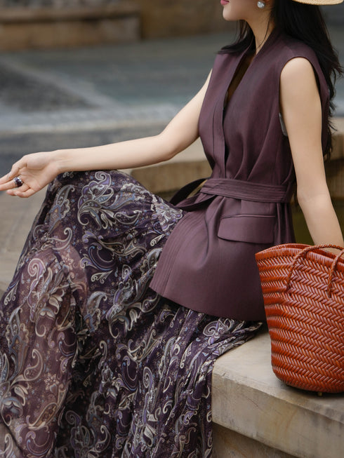 Vintage Waist-Tie Vest & Paisley Print Maxi Skirt Set – Elegant Spring Summer Two-Piece Outfit