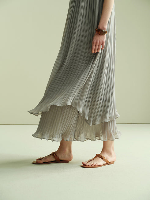 Pleated Halter Maxi Dress – Sculptural Accordion Pleats Double-Layer Ruffle Hem Summer Dress