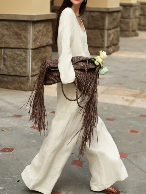 100% Linen Relaxed V-Neck Blazer & Wide-Leg Pants Set – Effortless Resort Tailored Ensemble