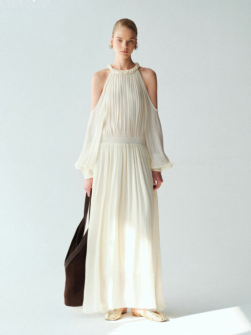 Luminous Muse Glossy Island Silk Halter Neck Cutout-Shoulder Pleated Maxi Dress