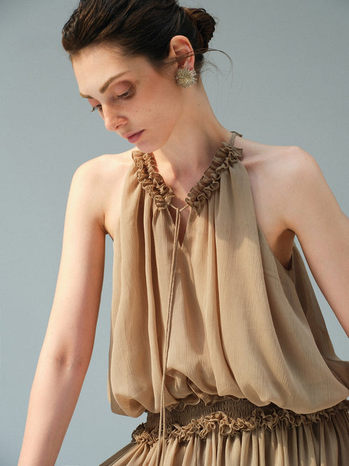 French Ruffle Halter Chiffon Maxi Dress – Pleated Tie-Neck Sleeveless Flowing Dress