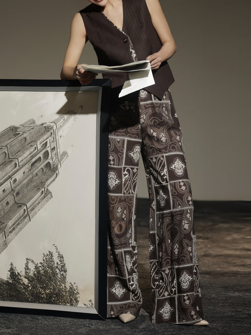 Vintage Paisley Print Wide-Leg Pants & Tailored Vest Set – Elegant Workwear Two-Piece Suit