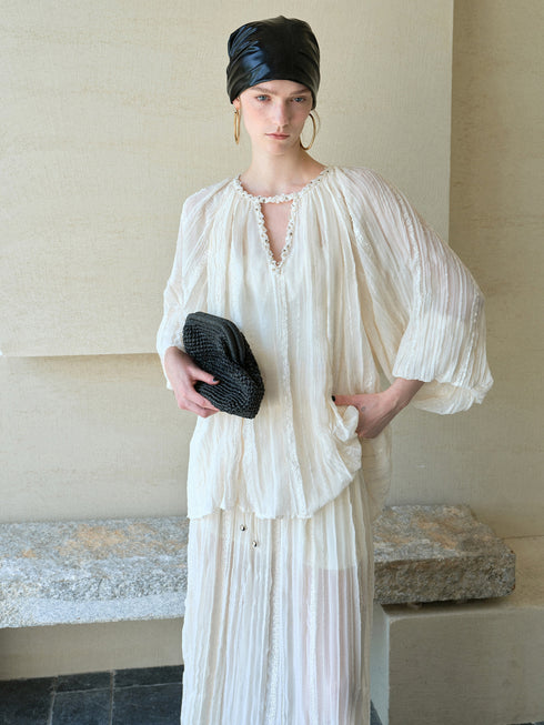 Sequin-Embellished French Pleated Chiffon Blouse – Ethereal Bohemian Sheer Goddess Top