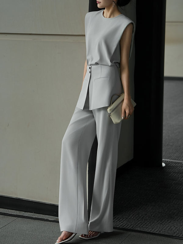 French Minimalist Sleeveless Top & Detachable Overskirt Wide-Leg Pants Set – Elegant Tailored Summer Two‑Piece