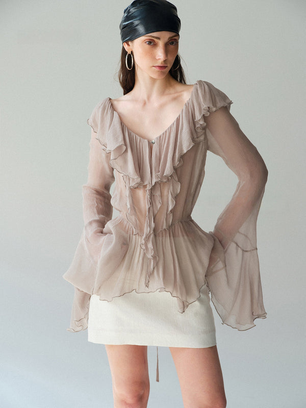 Cupro-Blend Ruffled V-Neck Blouse – Sheer Crinkled Bell-Sleeve Romantic Top