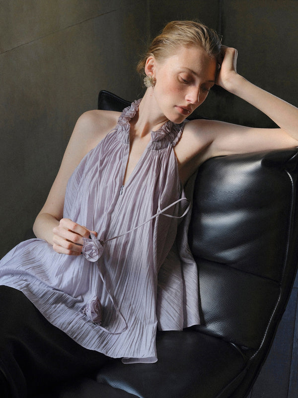 Lyocell–Acetate Blend Halter Ruffle Blouse – Pleated Draped Sleeveless Statement Top